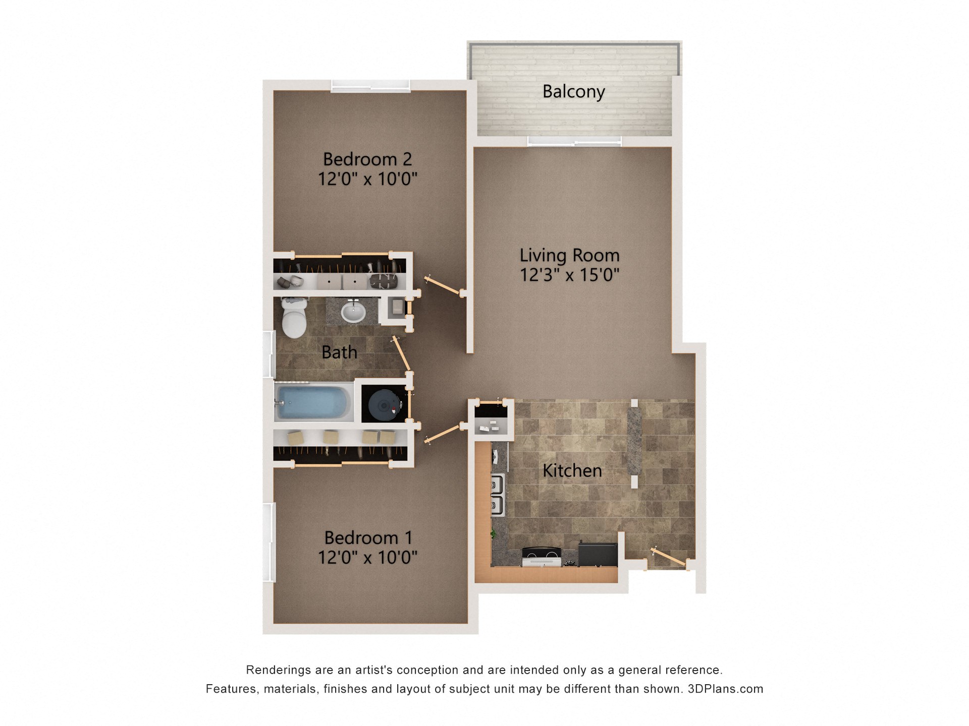 Floor plan for 2 beds, 1 bath, 842 sqft